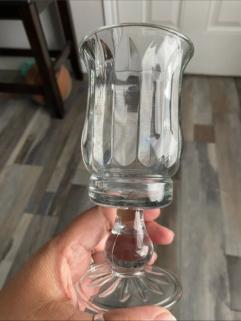 Home Interiors Hurricane Vase Candle Holder Clear Glass Ribbed Footed Ball Stem.